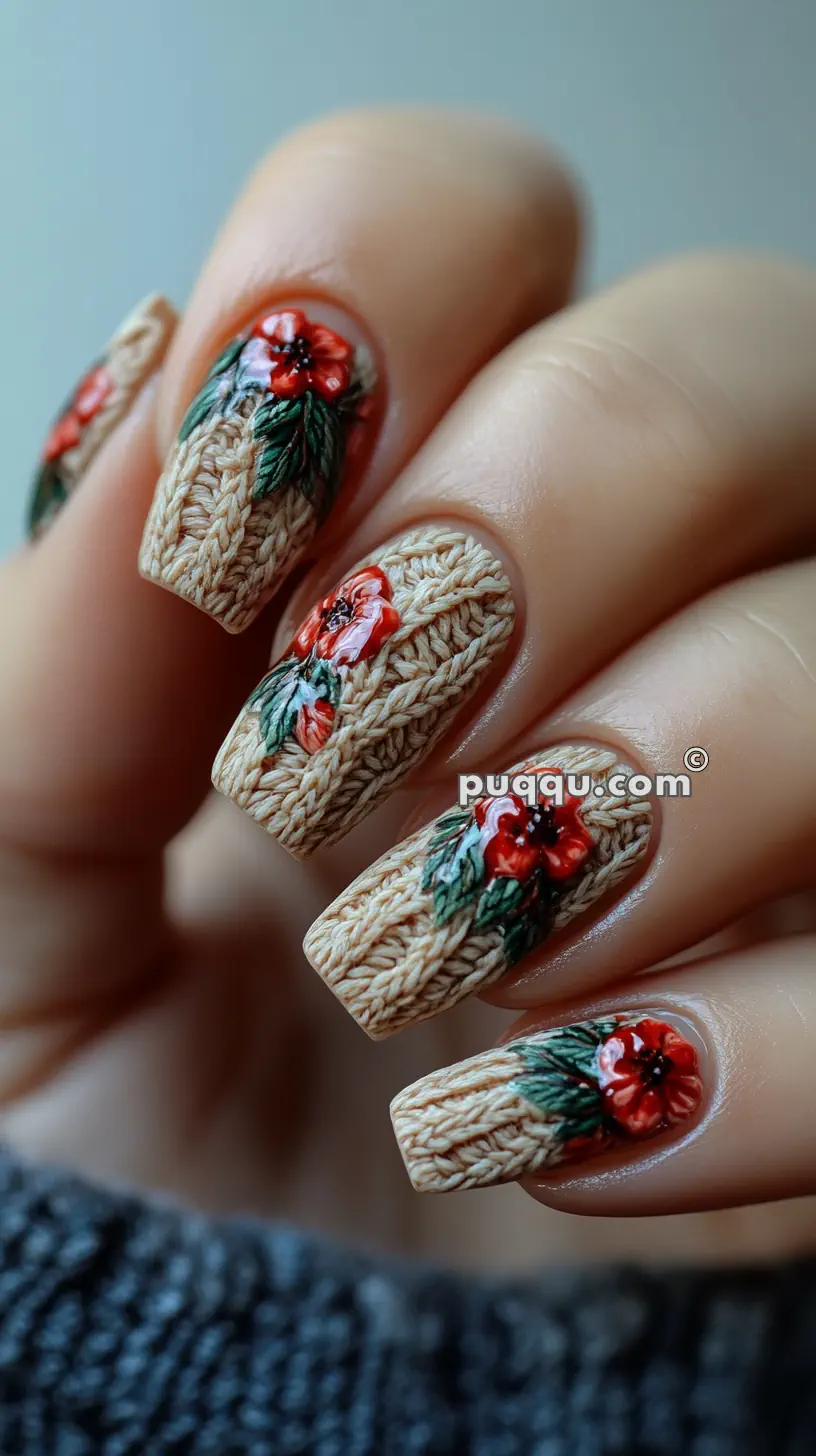 Nails with intricately designed knitted patterns featuring red flowers and green leaves on a beige background.