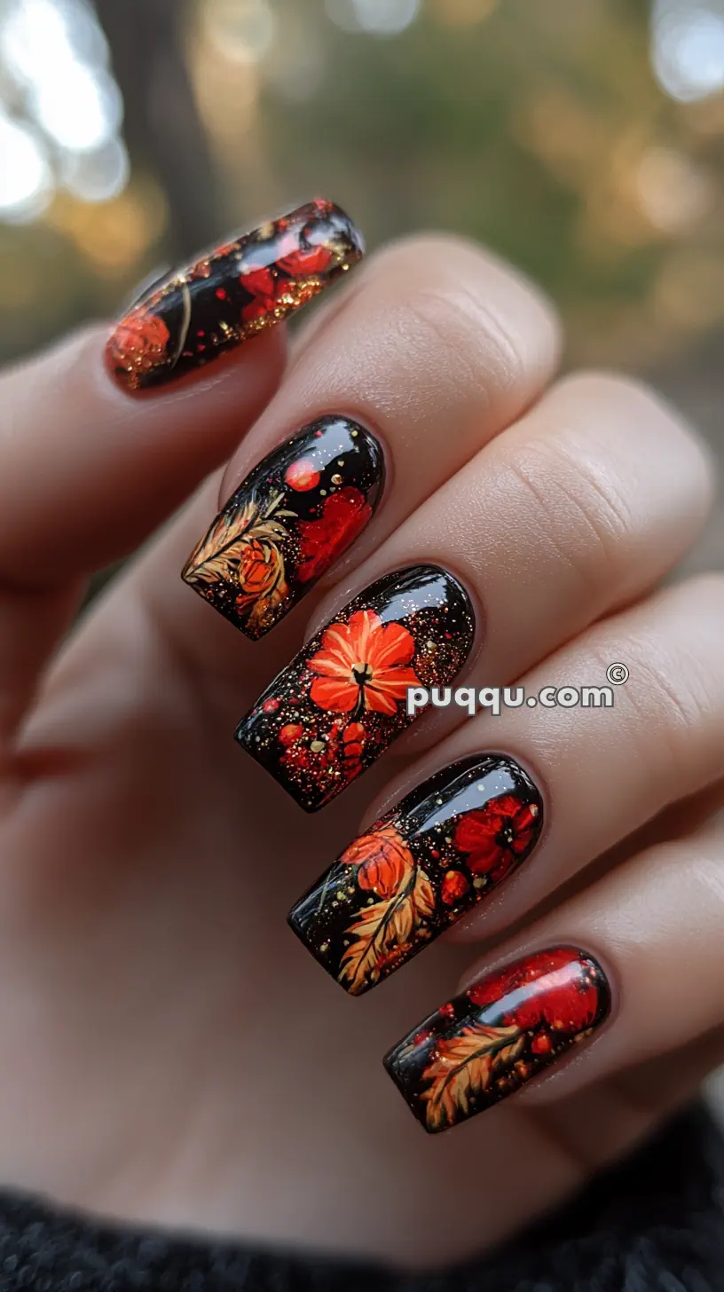 Close-up of a hand with long, square-shaped black acrylic nails featuring intricate red and orange floral and leaf designs with golden accents.