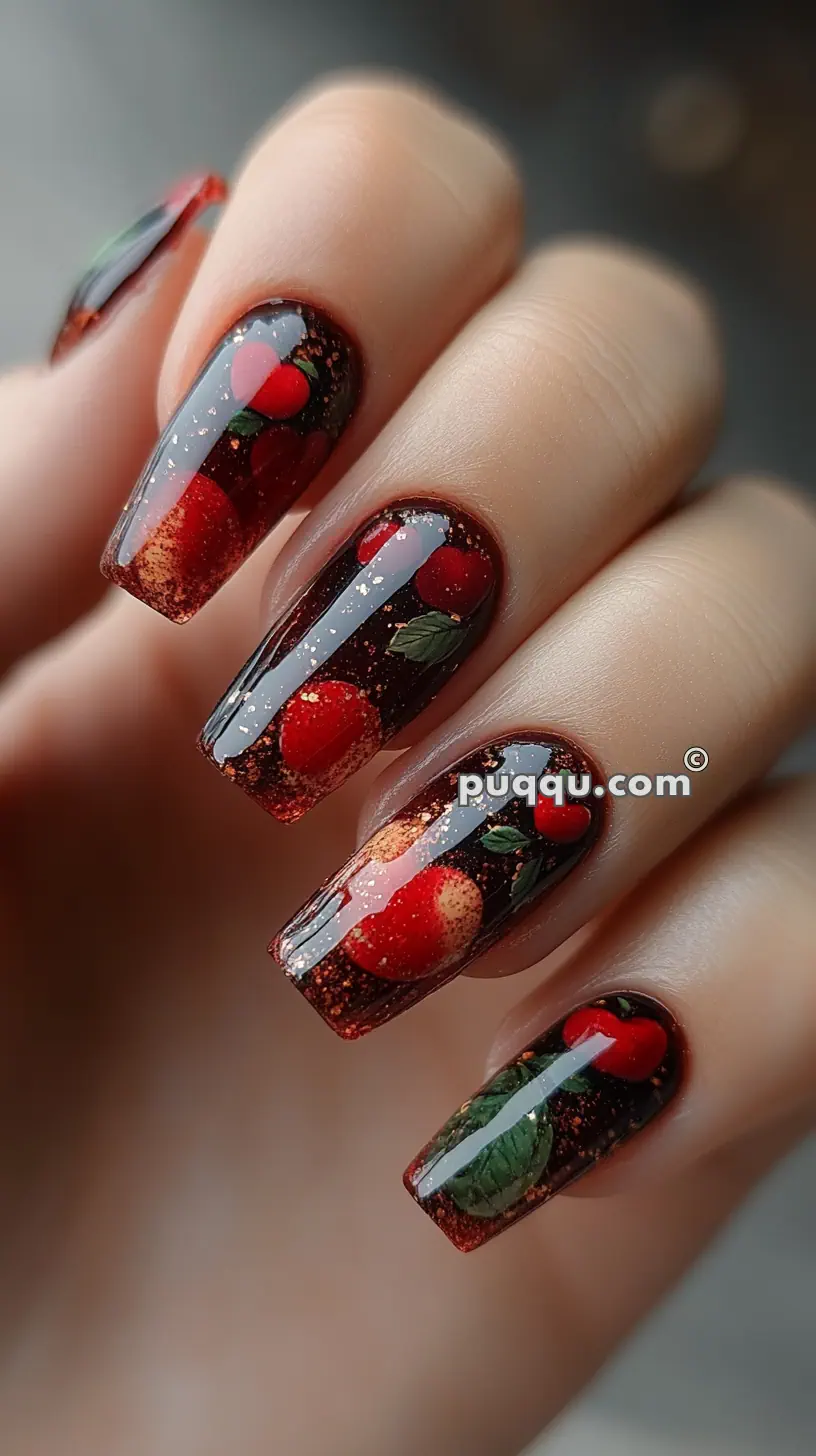 Close-up of nails with detailed fruity nail art, featuring red apples and green leaves on a glittery background.