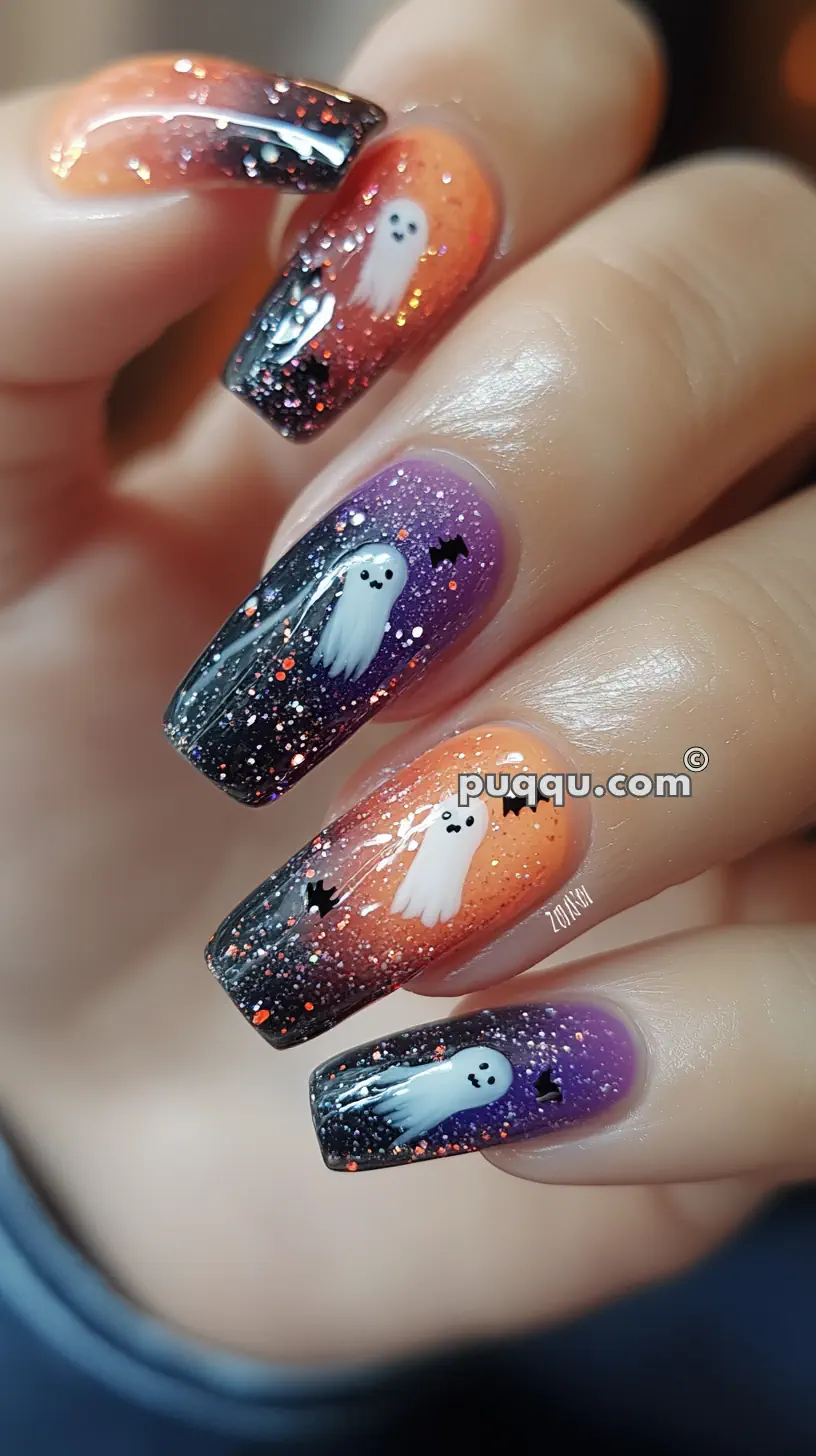 Halloween-themed nail art featuring black, orange, and purple gradients with glitter, adorned with white ghost designs and small bat accents.