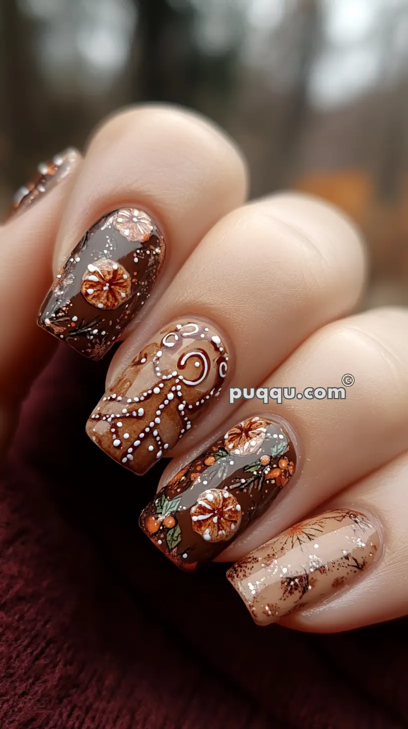 Close-up of intricately designed autumn-themed nail art with brown and beige base colors, featuring flowers, leaves, and dot details.