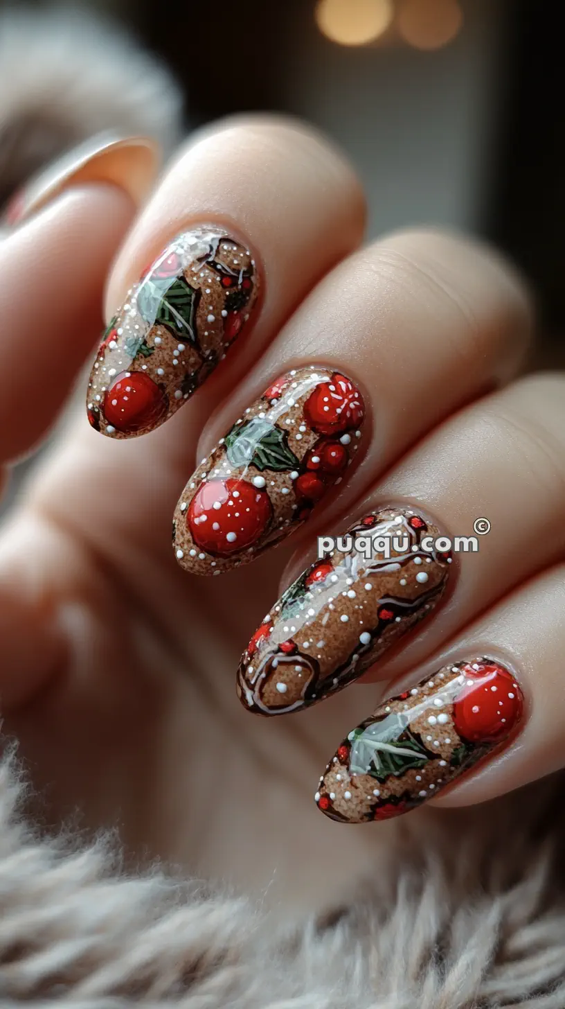 Close-up of nails painted with intricate holiday-themed art, featuring red berries, green leaves, and white speckles on a brown background.