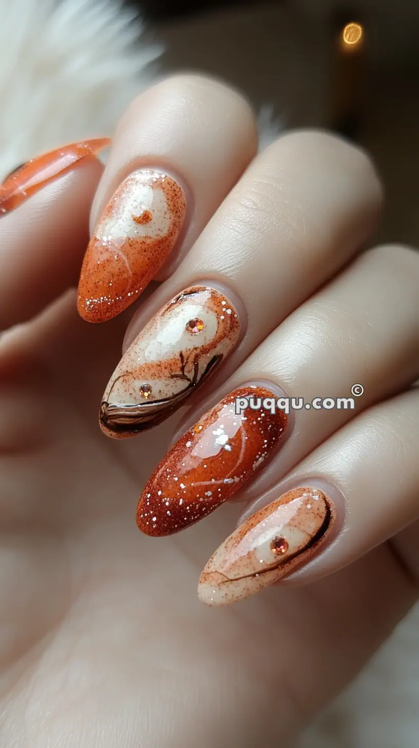 Close-up of a hand with long almond-shaped nails featuring intricate autumn-themed nail art in shades of orange and beige, with glitter and rhinestone embellishments.