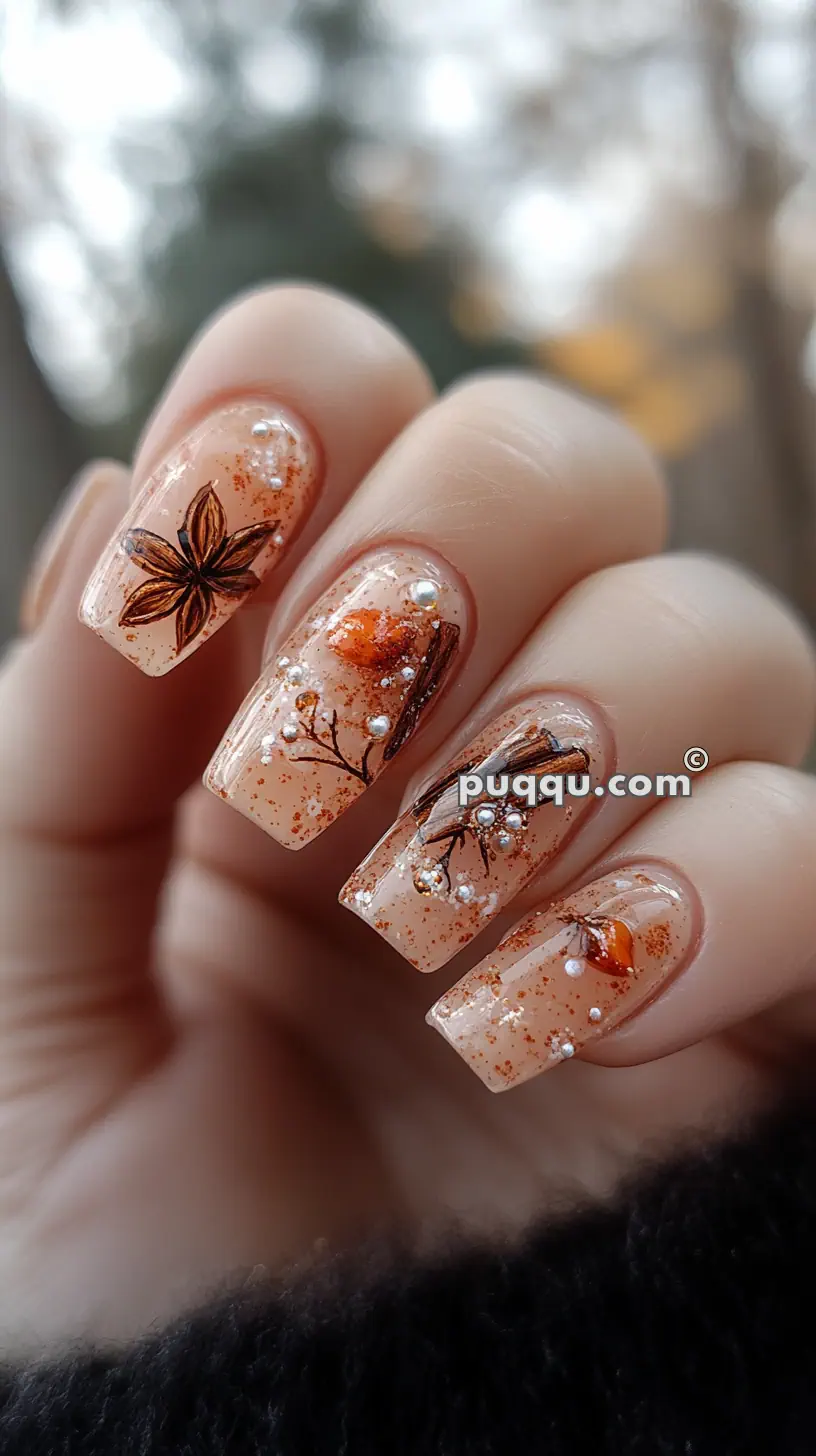 Close-up of manicured nails with a fall-themed design, featuring orange and brown floral accents, small pearl-like beads, and glitter.