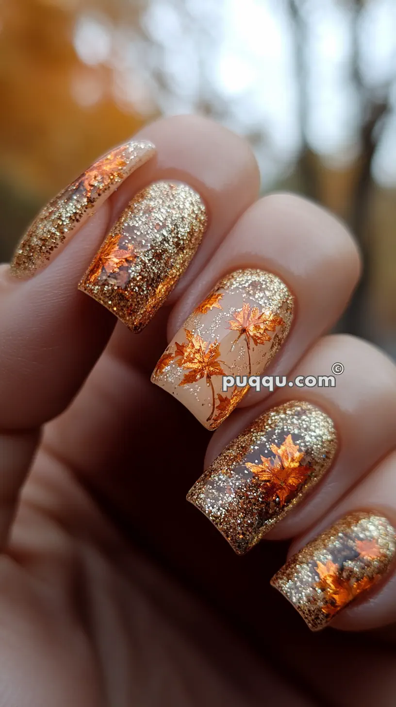 Nails decorated with golden glitter and orange leaf designs.