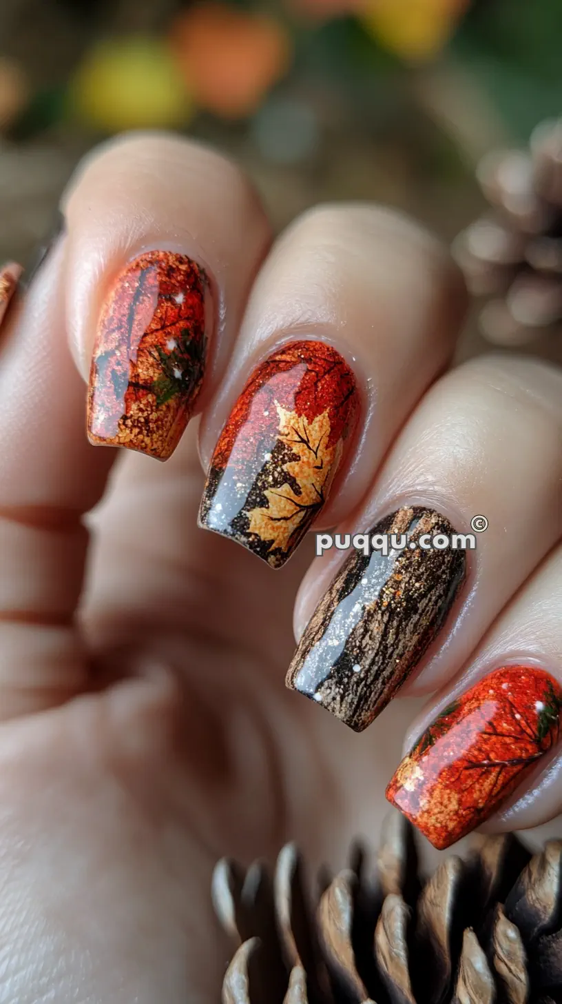 Close-up of a hand with autumn-themed nail art featuring vibrant fall leaves and tree bark designs.