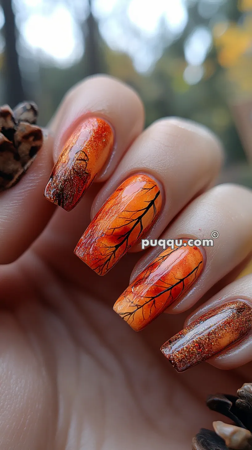 Close-up of a hand with autumn-themed nails, featuring an orange and brown gradient with black leaf-like designs.