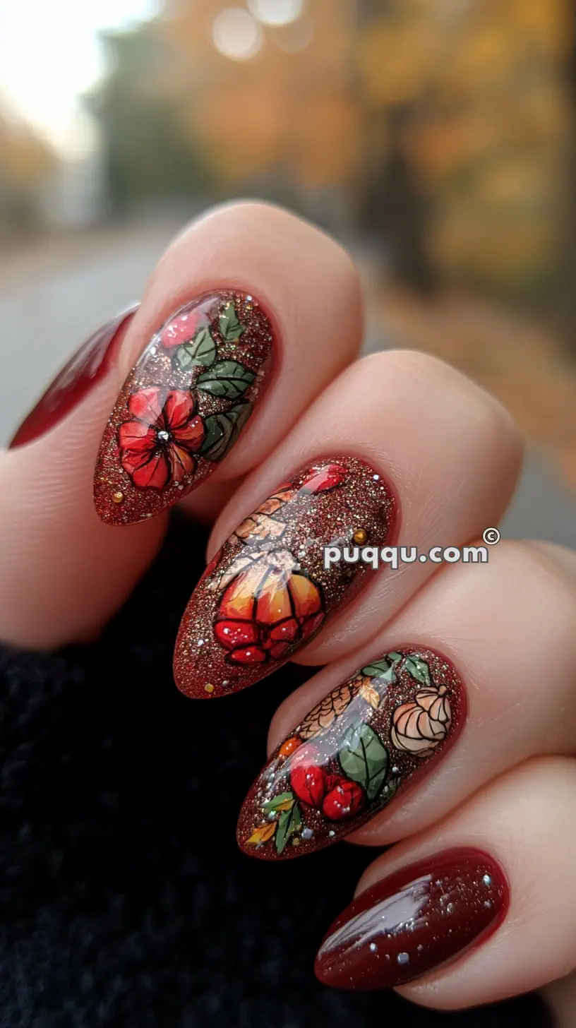 Close-up of festive fall-themed nail art featuring dark red nails with glittering details and intricate designs of pumpkins, flowers, leaves, and berries.