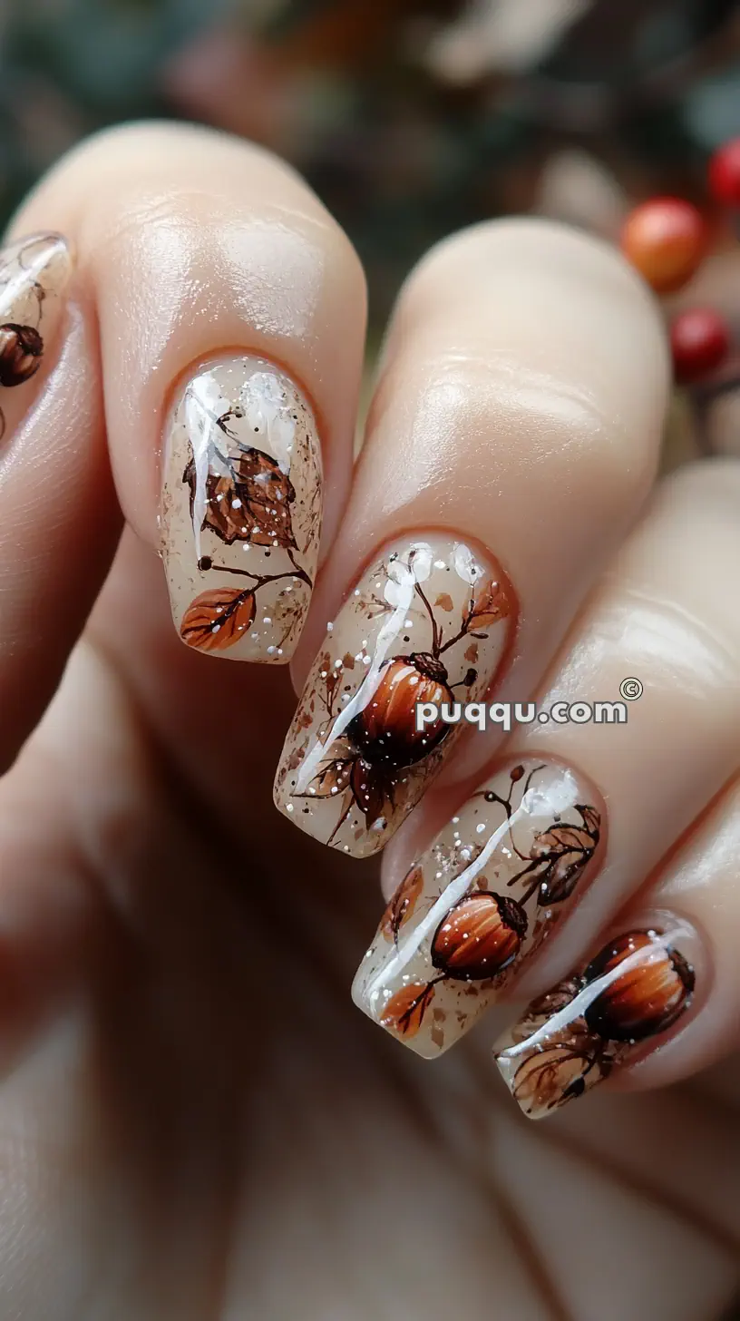 Close-up of fingernails with autumn-themed nail art featuring brown leaves and acorns on a beige background with white speckles.