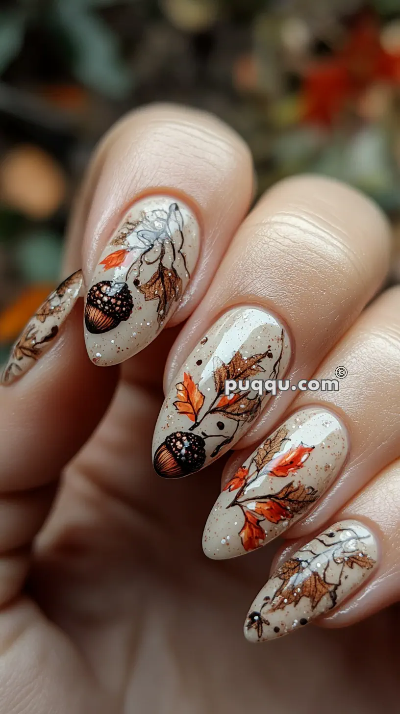 Close-up of manicured nails with autumn-themed nail art featuring acorns and leaves in orange, brown, and green tones.