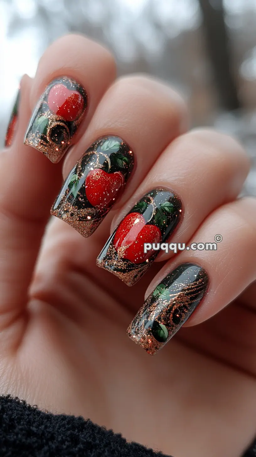 Close-up of a hand with dark green and gold glitter nail art featuring red heart-shaped designs and leafy details.