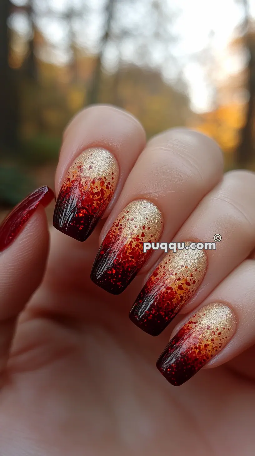 Long fingernails with a gradient nail design that transitions from gold glitter at the base to dark red tips, held against a blurred outdoor background.