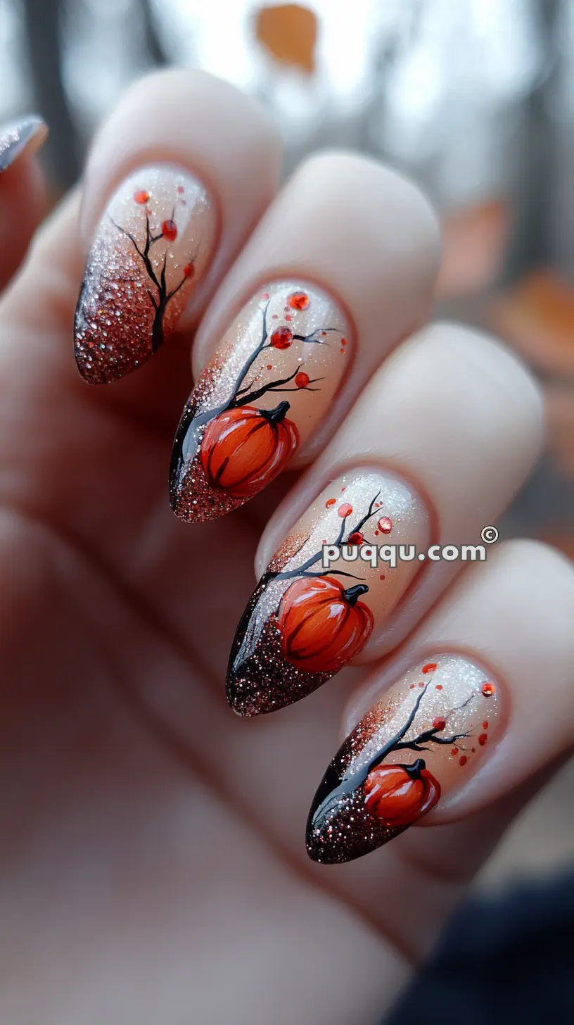 Close-up of hand with long nails featuring an autumn-themed manicure with pumpkins, branches, and glitter accents.