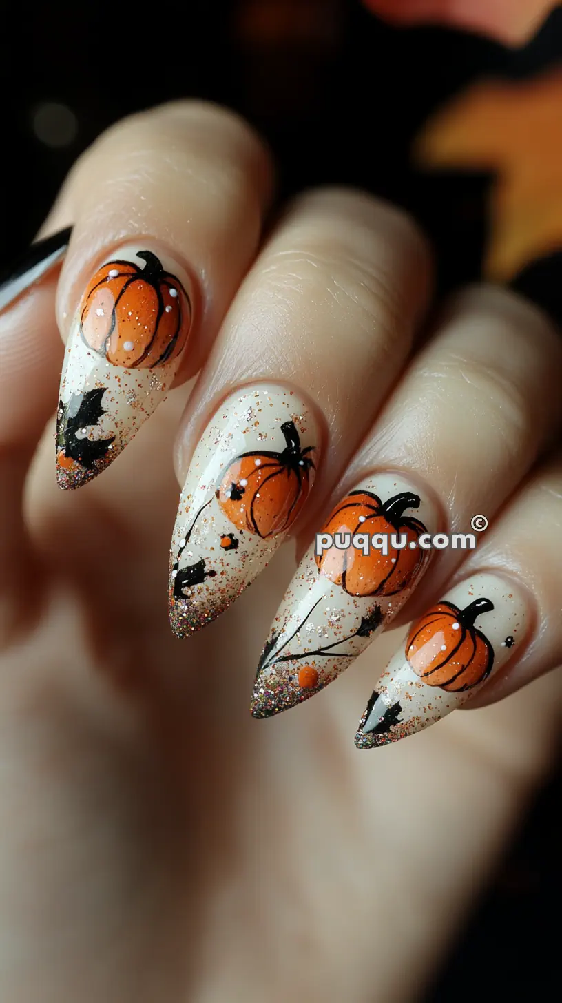 Close-up of fingernails with Halloween-themed nail art featuring pumpkins, bats, and glitter.