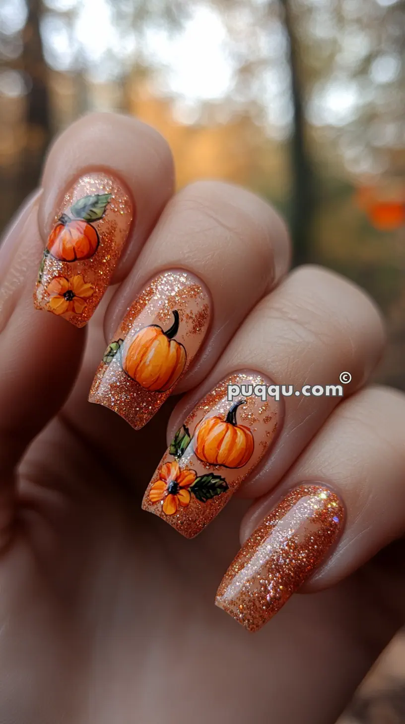 Close-up of a hand with glittery orange nail polish and pumpkin-themed nail art.