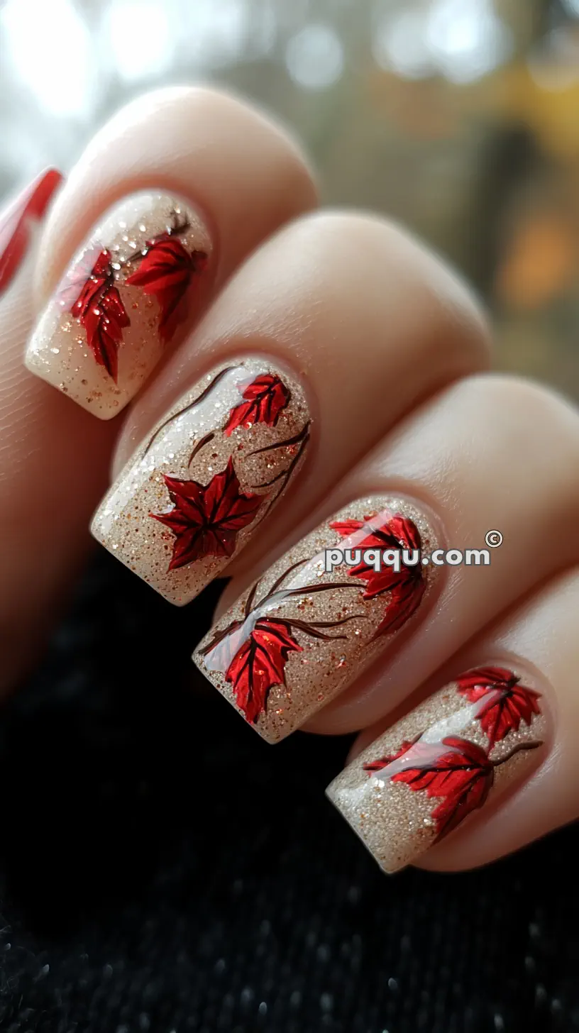 Close-up of nails with a glittery nude base and intricate red autumn leaf designs.