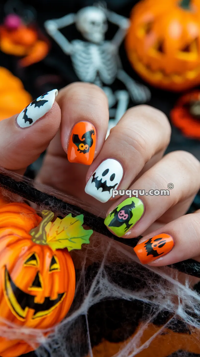 Hand with Halloween-themed nail art, including colorful spooky designs such as ghosts, bats, and pumpkins, with a background of Halloween decorations like a jack-o'-lantern and a skeleton.