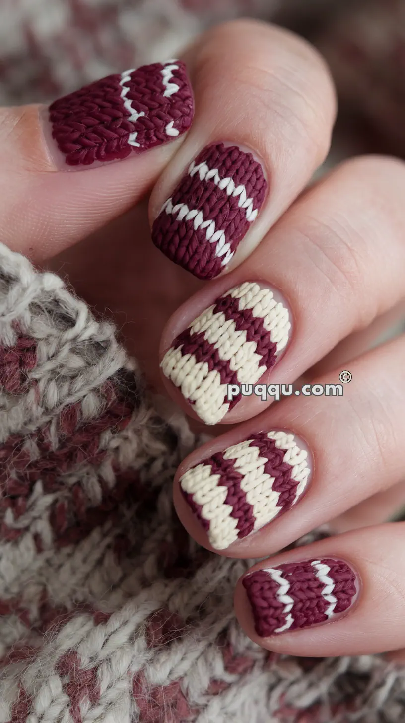 Knitted-pattern nail art in red and white.