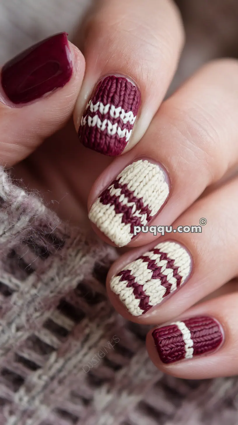 Close-up of a hand with knitted sweater pattern nail art in burgundy and white.