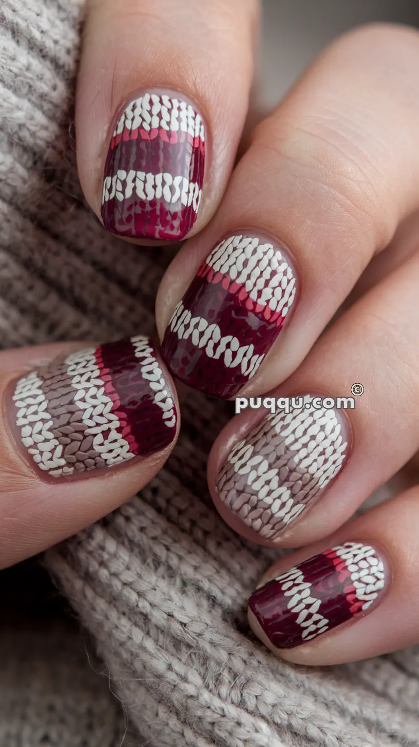 Detailed nail art with red, brown, and white patterns resembling knitted fabric.