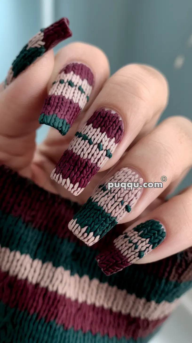 Close-up of a hand with long fingernails painted with a textured, knitted pattern in green, maroon, and beige colors.