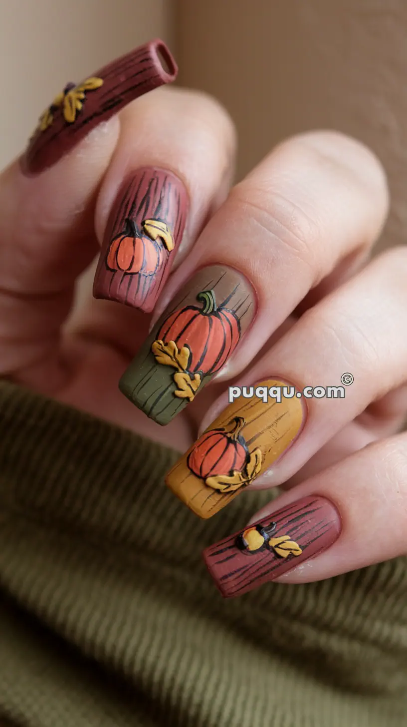 A hand with long, autumn-themed matte nails featuring pumpkins and leaves on each nail.