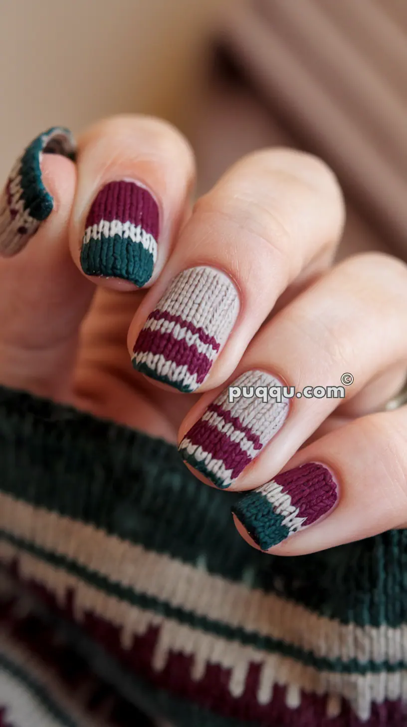 Close-up of a hand with nails painted in a textured sweater pattern with green, white, and burgundy colors, coordinated with a matching sweater in the background.