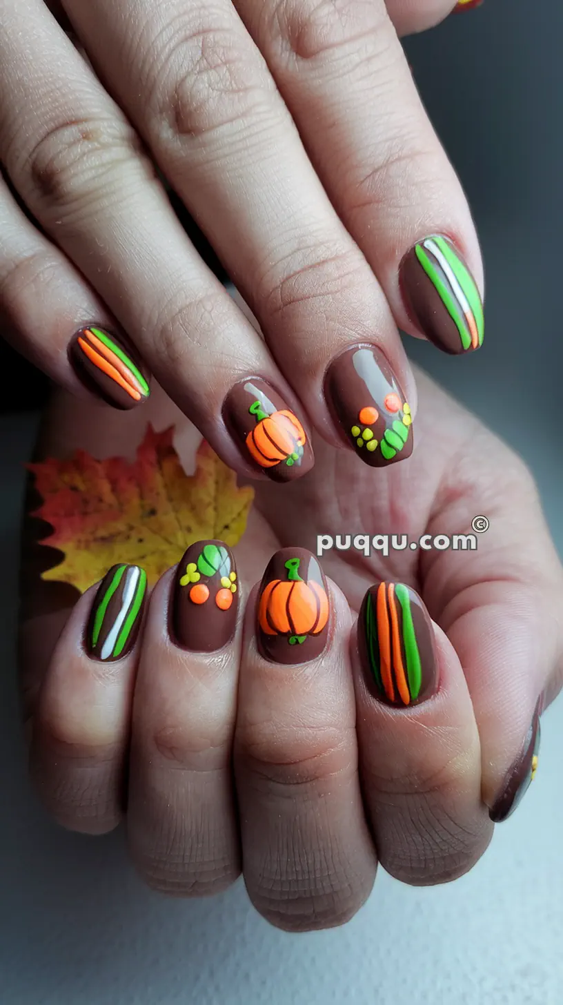 Hands with brown-painted nails featuring green and orange stripes and decorated with small painted pumpkins and leaves.