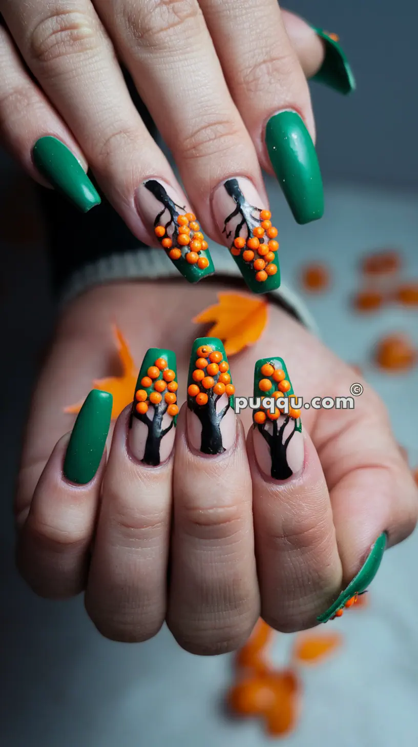 Hand with long artificial nails painted green and designed with 3D orange flowers and black tree branches on a few fingernails.