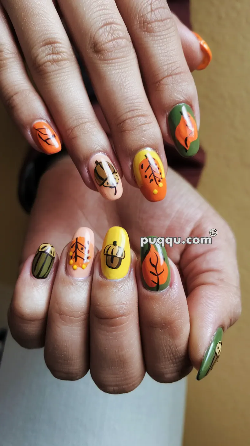 Colorful autumn-themed nail art with designs featuring leaves, acorns, pumpkins, and branches in shades of orange, yellow, green, and nude.