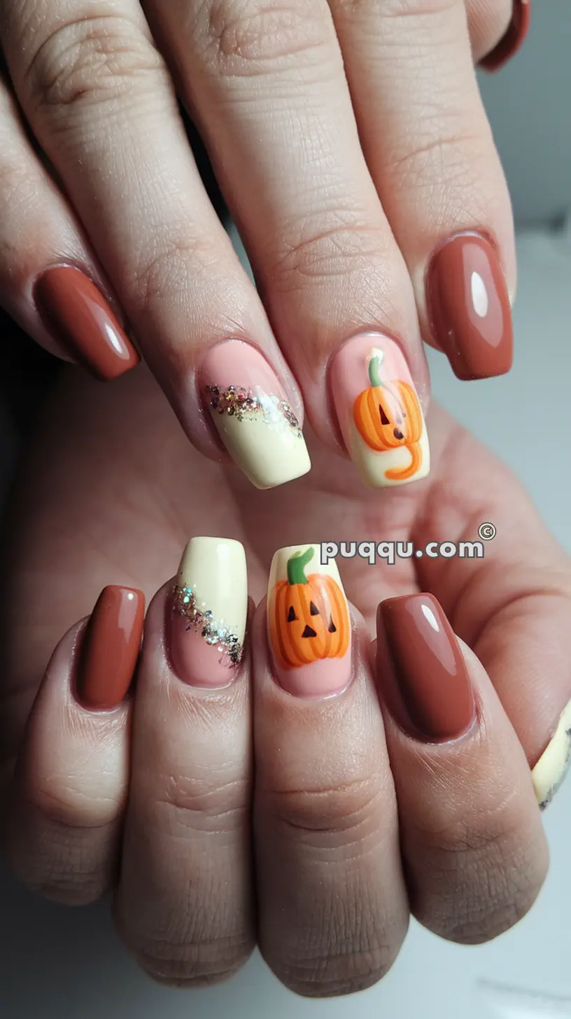 Autumn-themed manicure with pumpkin designs and glitter accents on nails painted in brown, peach, and cream.