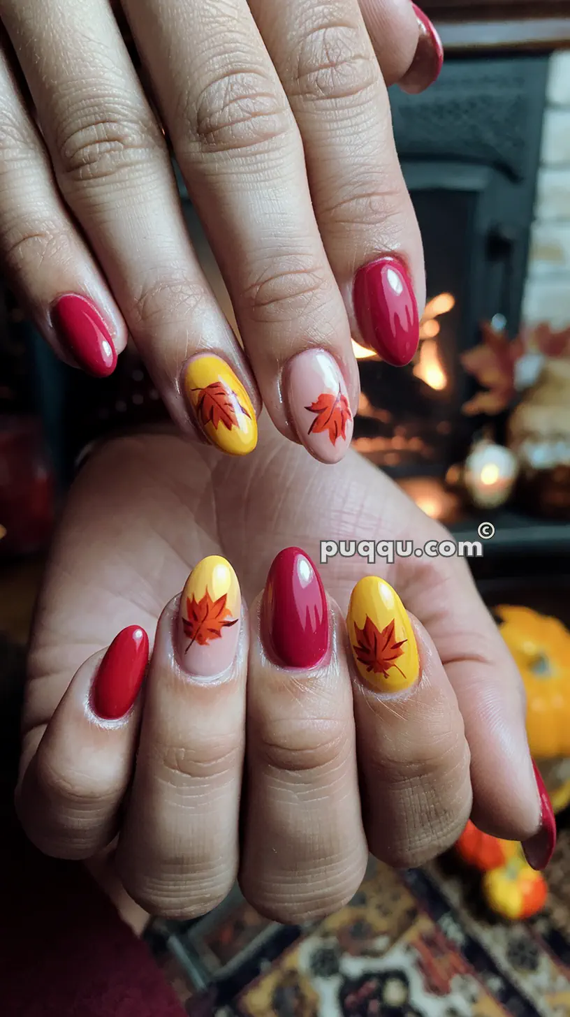 Close-up of hands with autumn-themed nail art featuring red and yellow polish and maple leaf designs.