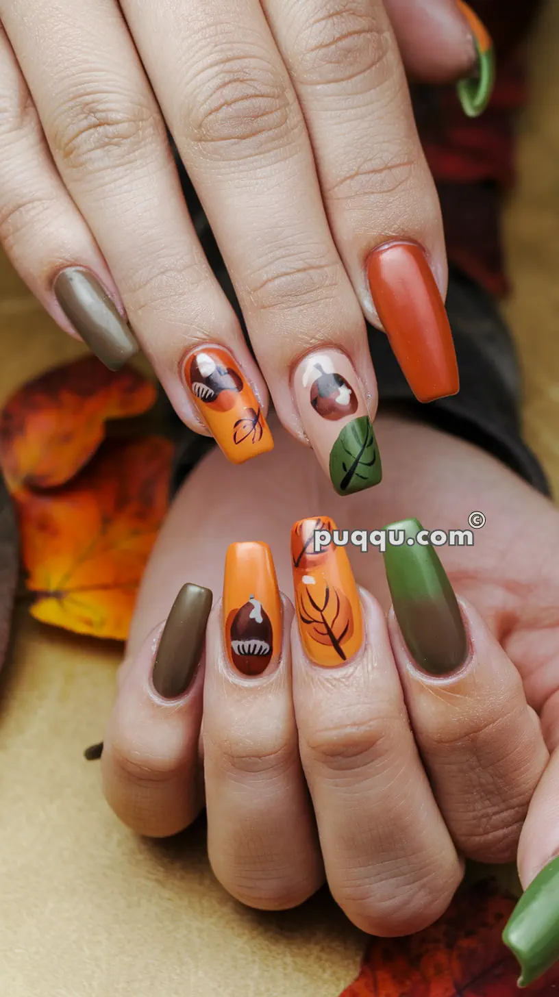 Manicure featuring autumn-themed nail art, including brown, orange, and green nails with illustrations of leaves and chestnuts.