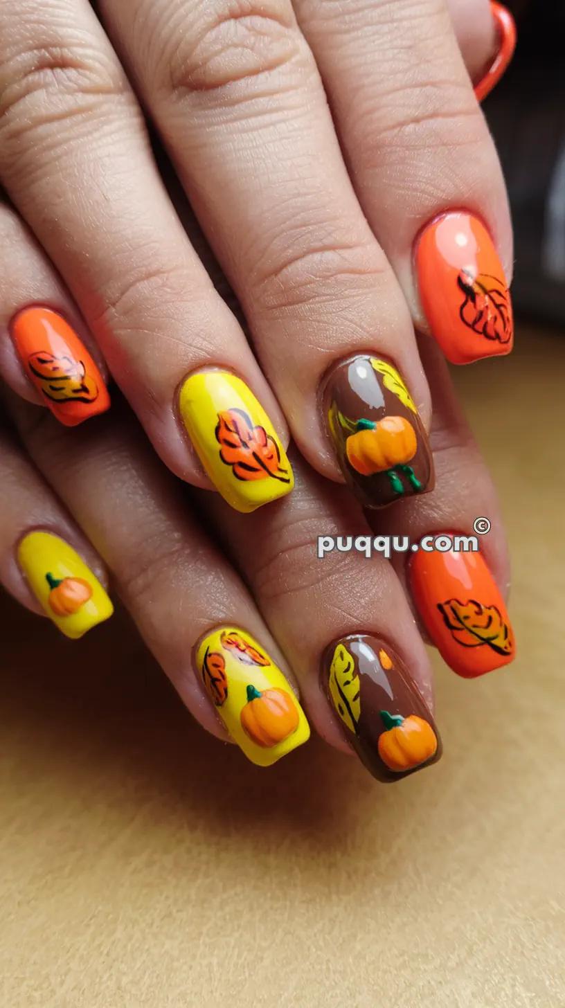 Nails painted with orange, yellow, and brown polish, adorned with autumn-themed designs including pumpkins and leaves.