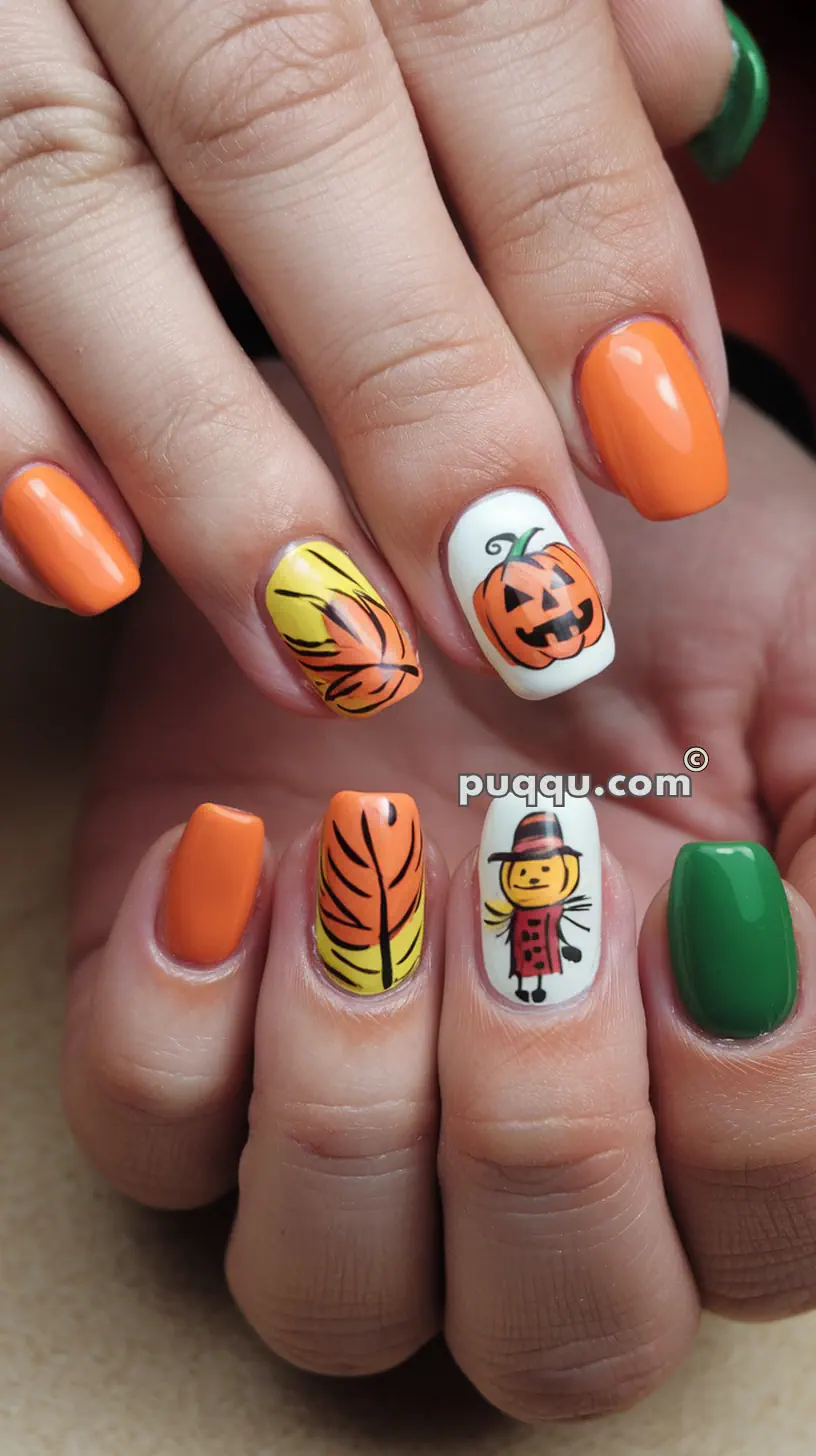 Halloween-themed nail art featuring pumpkins, autumn leaves, and a scarecrow, with nails painted in orange, green, yellow, and white.