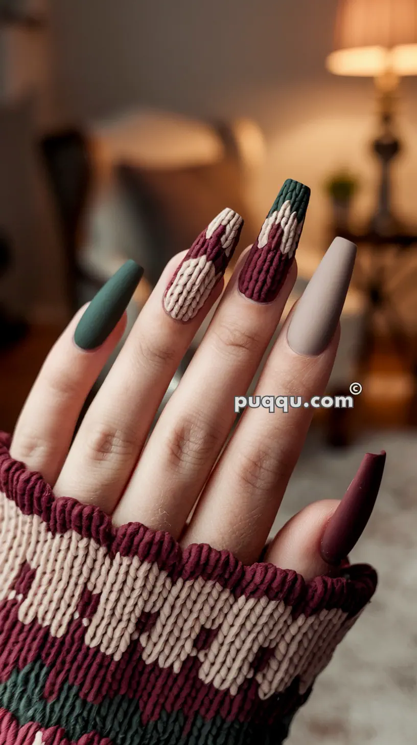 Hand with long, sculpted, knitted pattern nail art in shades of maroon, beige, and green, wearing a matching knit sweater.