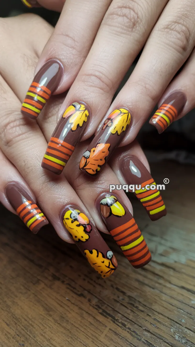 Close-up of hands with long nails painted with autumn-themed nail art, featuring brown base, orange and yellow stripes, and leaves.