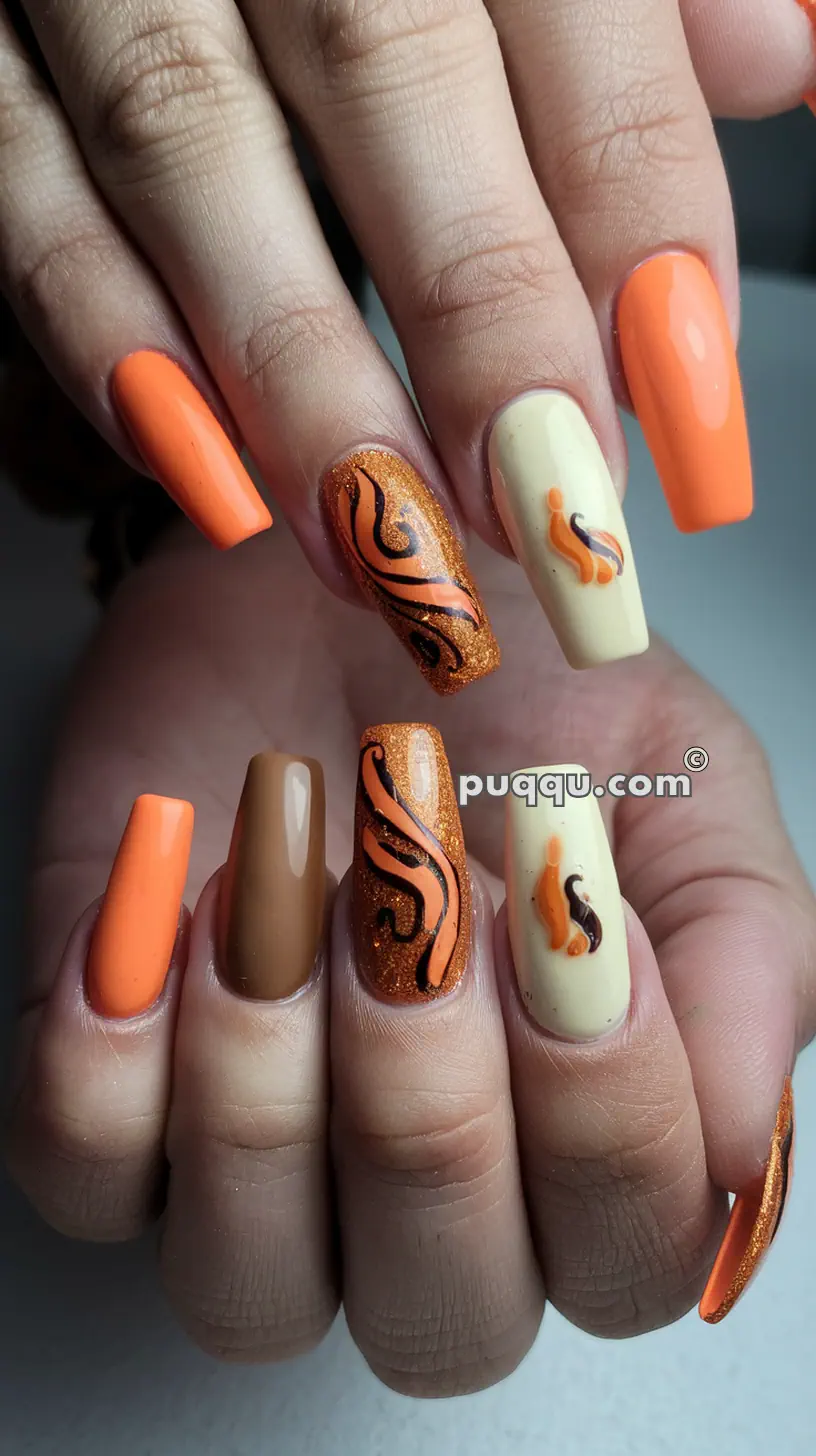 Manicured nails featuring a blend of orange, gold glitter, cream, and brown polishes with intricate swirl designs.