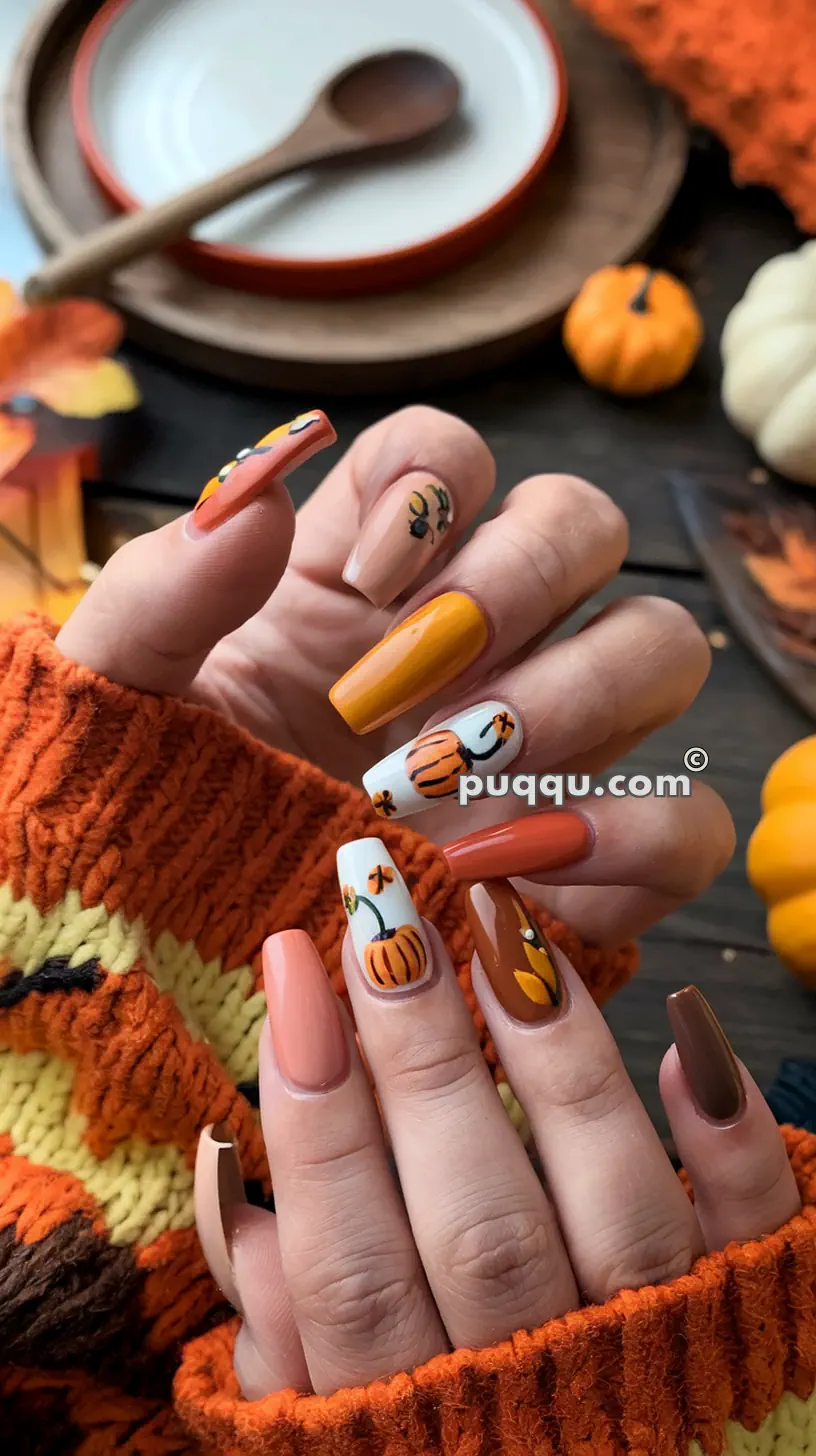 Hands with fall-themed nail art including pumpkins and autumn leaves, wearing an orange knit sweater, with a wooden spoon, bowl, and small decorative pumpkins in the background.