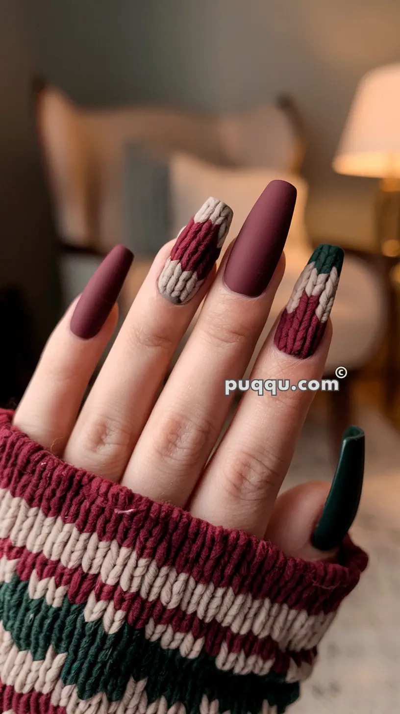 Hand with long, matte, maroon and green knitted-style nails, wearing a matching knit sweater sleeve.