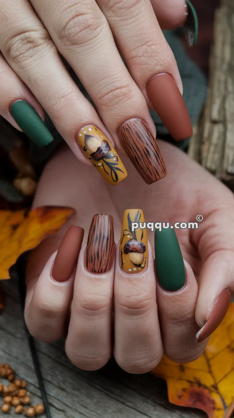 Close-up of a person's hands with autumn-themed nail art featuring matte green, brown, wood-textured, and acorn designs.