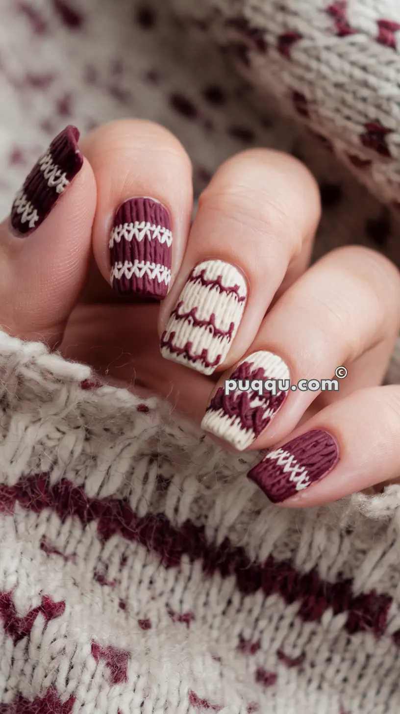 Close-up of fingernails with a knitted-pattern nail art in maroon and cream, matching the knitted fabric in the background.