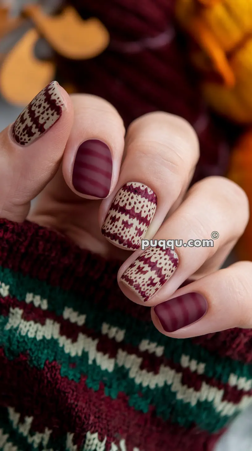 Hand with matte burgundy and festive patterned nails, wearing a knitted sweater with matching colors.