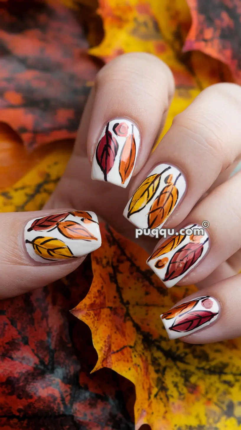 Close-up of a hand with autumn-themed nails featuring colorful leaf designs in shades of red, orange, and yellow on a white background.