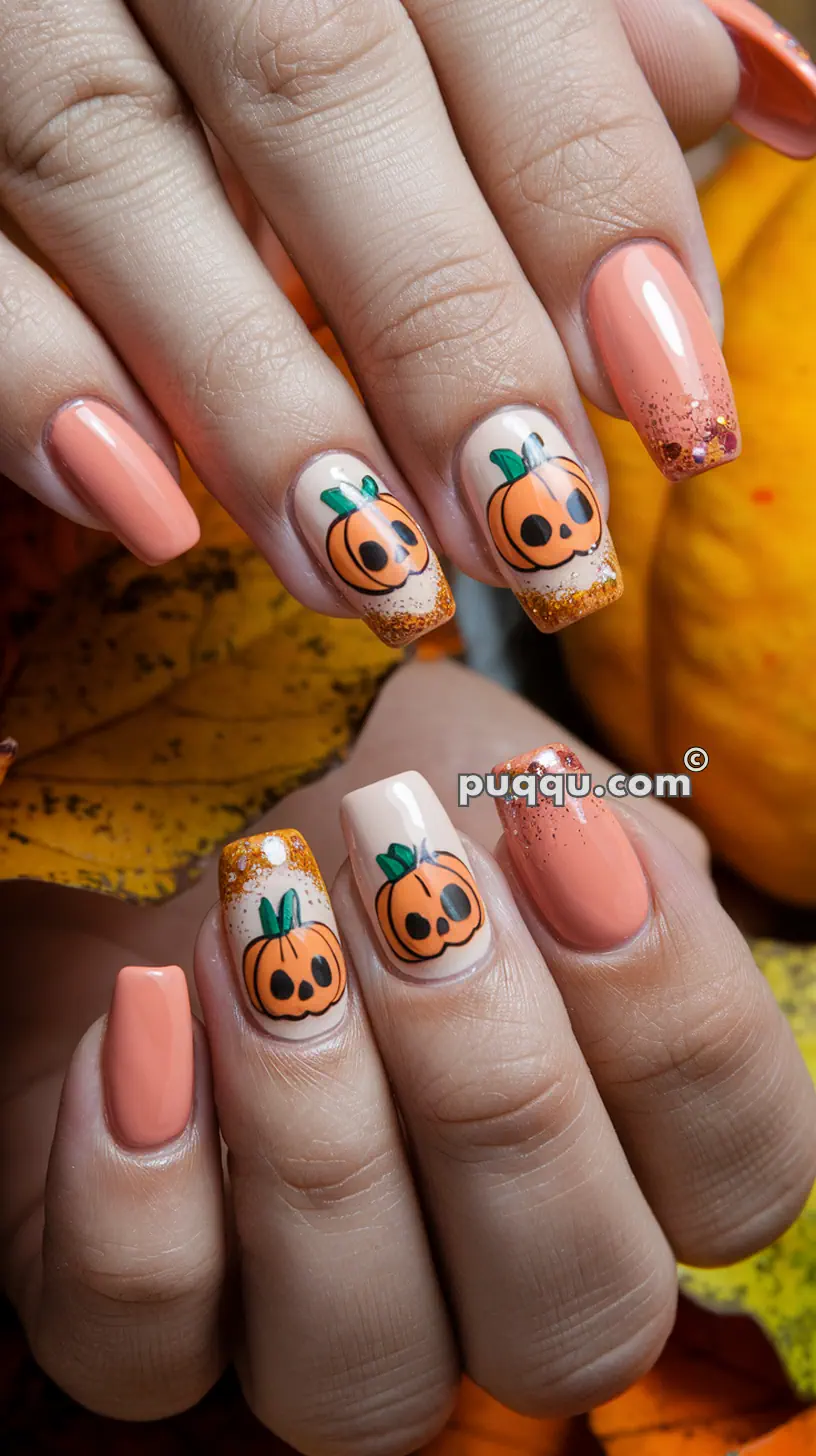 Close-up of hands with Halloween-themed nail art featuring orange pumpkins and orange nails with glitter accents.