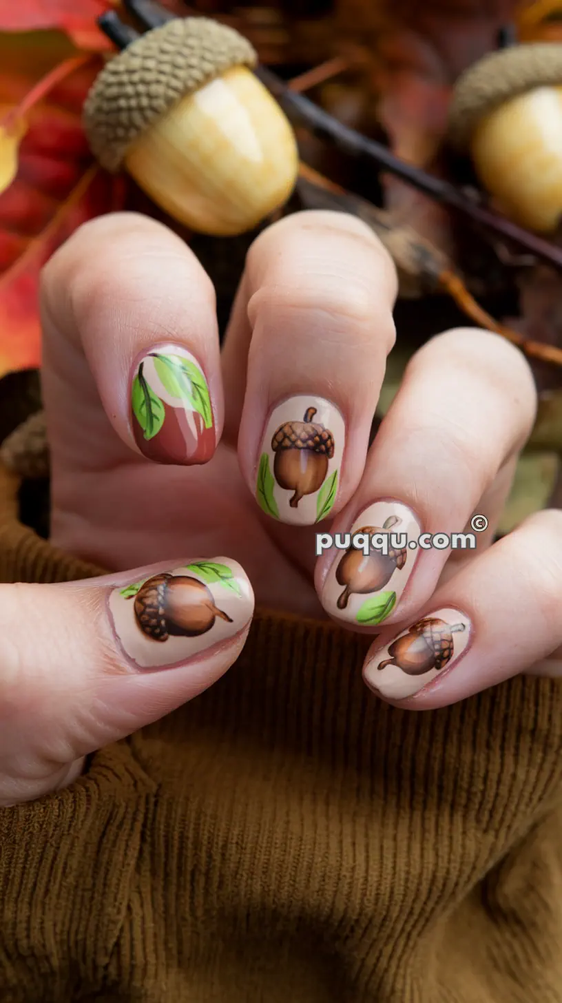 Nails painted with acorn and leaf designs, with an acorn held in the background.