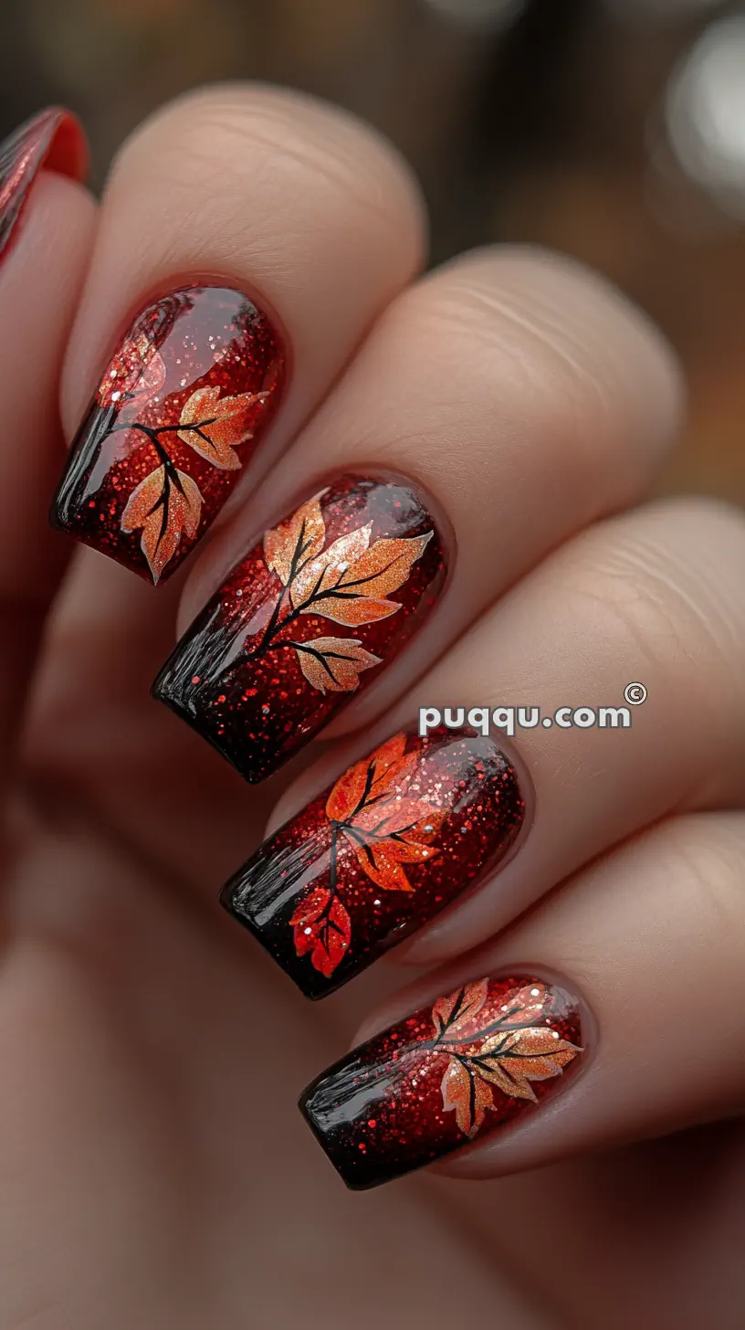 Close-up of manicured nails with a red and black gradient, glitter, and autumn leaves design.