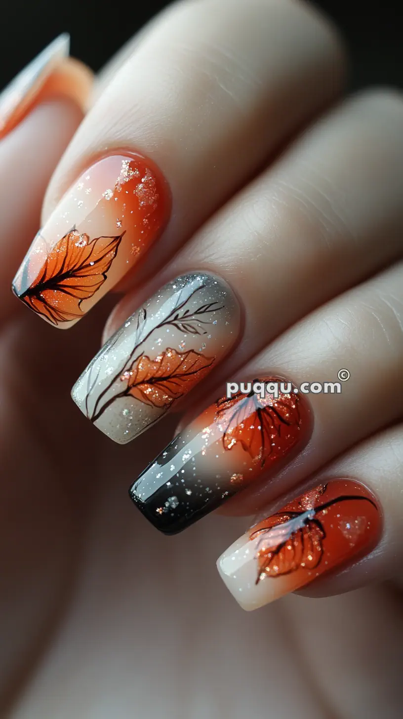 Close-up of nails with orange and brown autumn leaf nail art and glitter.