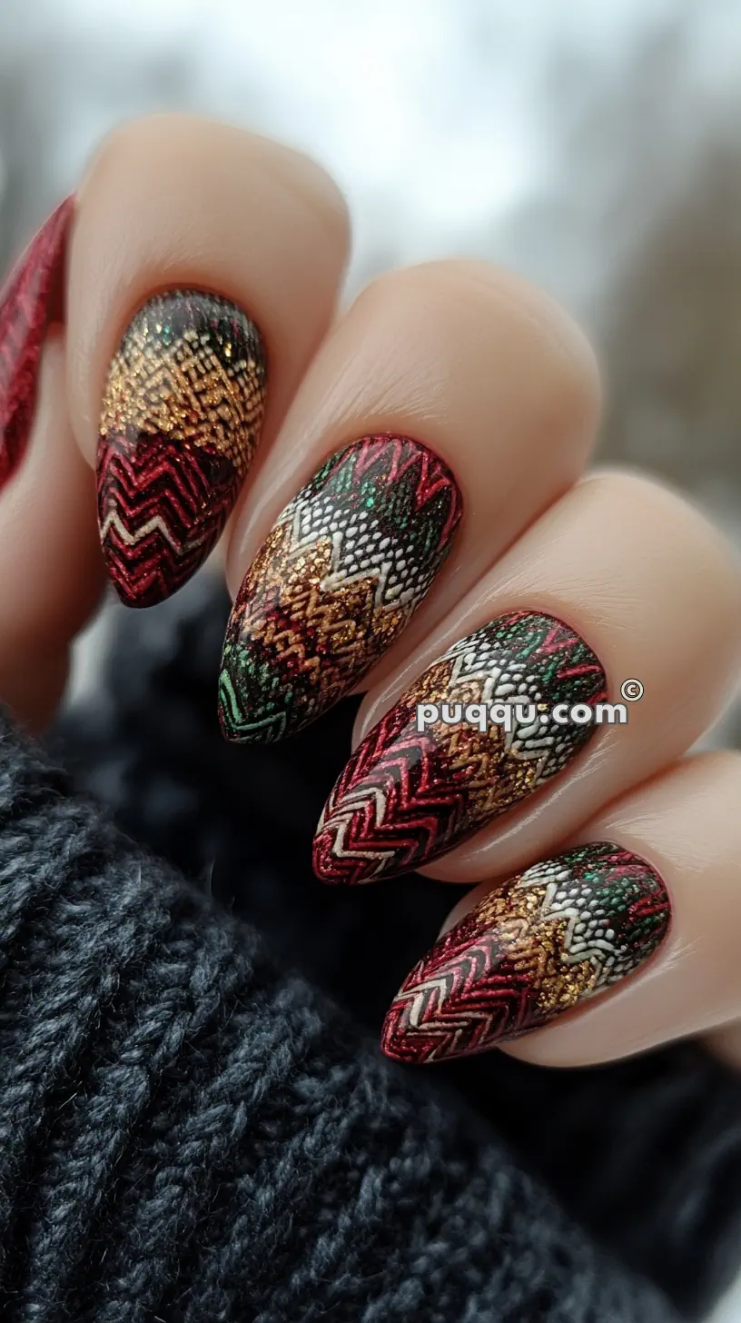 Close-up of long, pointed fingernails with intricate, multicolored zigzag designs in red, gold, green, and black.