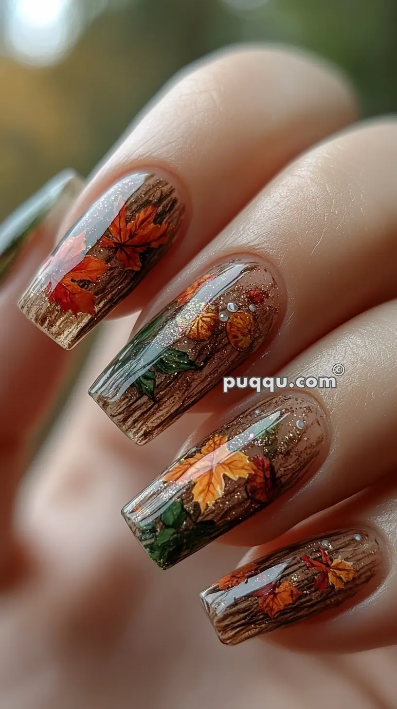 Close-up of fingernails with autumn-themed, intricate nail art featuring colorful leaves and a wood-like texture.